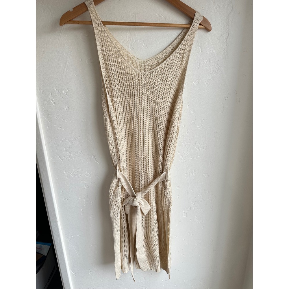 Womens Crochet Knit Swim Cover Up Dress Cream Side Slit Size Medium Boho Beach - Picture 2 of 12